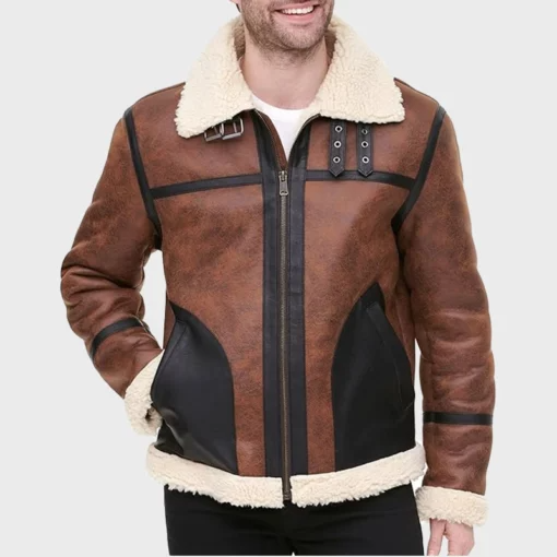 Tan Brown WWII Pilot B3 Bomber Sheepskin Leather Jacket for Men's with Real Sheep Shearling