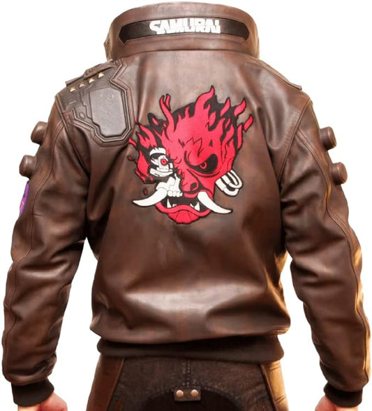 Cybernectic Cyborg 2077 Game Inspired Punk Brown Cosplay Bomber Jacket with Samurai Emblem