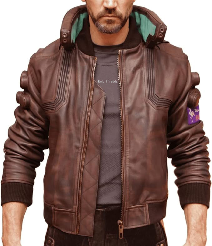 Cybernectic Cyborg 2077 Game Inspired Punk Brown Cosplay Bomber Jacket with Samurai Emblem