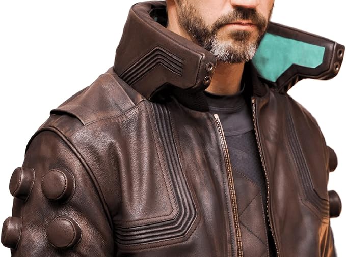 Cybernectic Cyborg 2077 Game Inspired Punk Brown Cosplay Bomber Jacket with Samurai Emblem