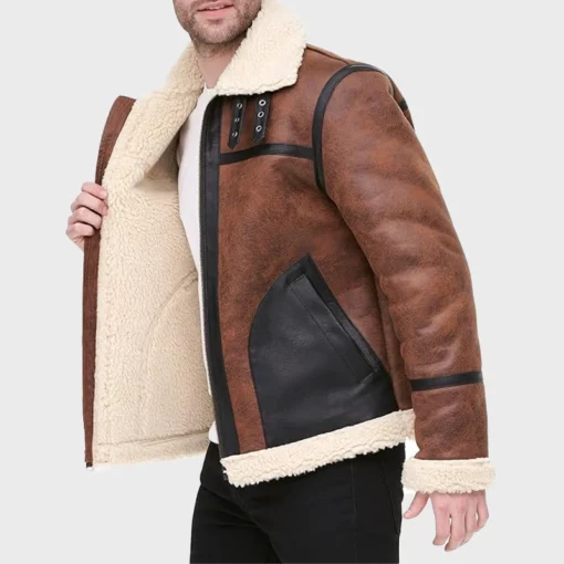 Tan Brown WWII Pilot B3 Bomber Sheepskin Leather Jacket for Men's with Real Sheep Shearling