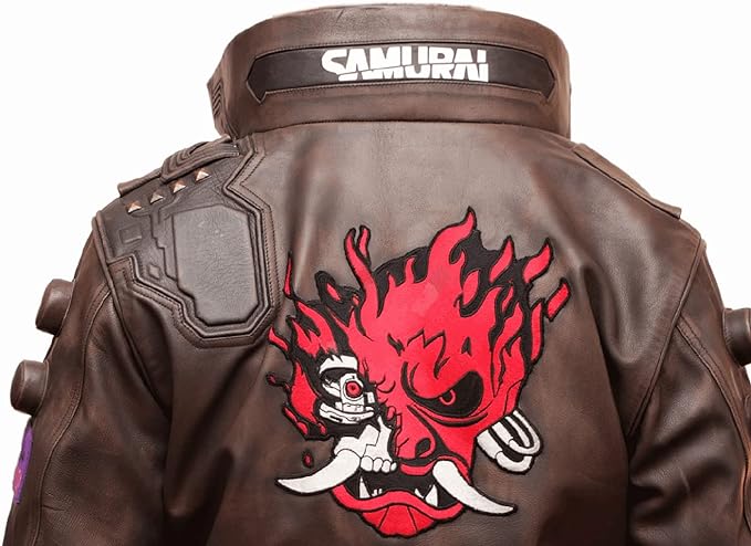 Cybernectic Cyborg 2077 Game Inspired Punk Brown Cosplay Bomber Jacket with Samurai Emblem