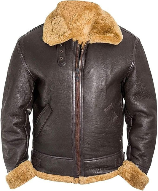 Real Sheep Shearling Vintage Brown B3 Military Aviator Warm Bomber Jacket for Winters