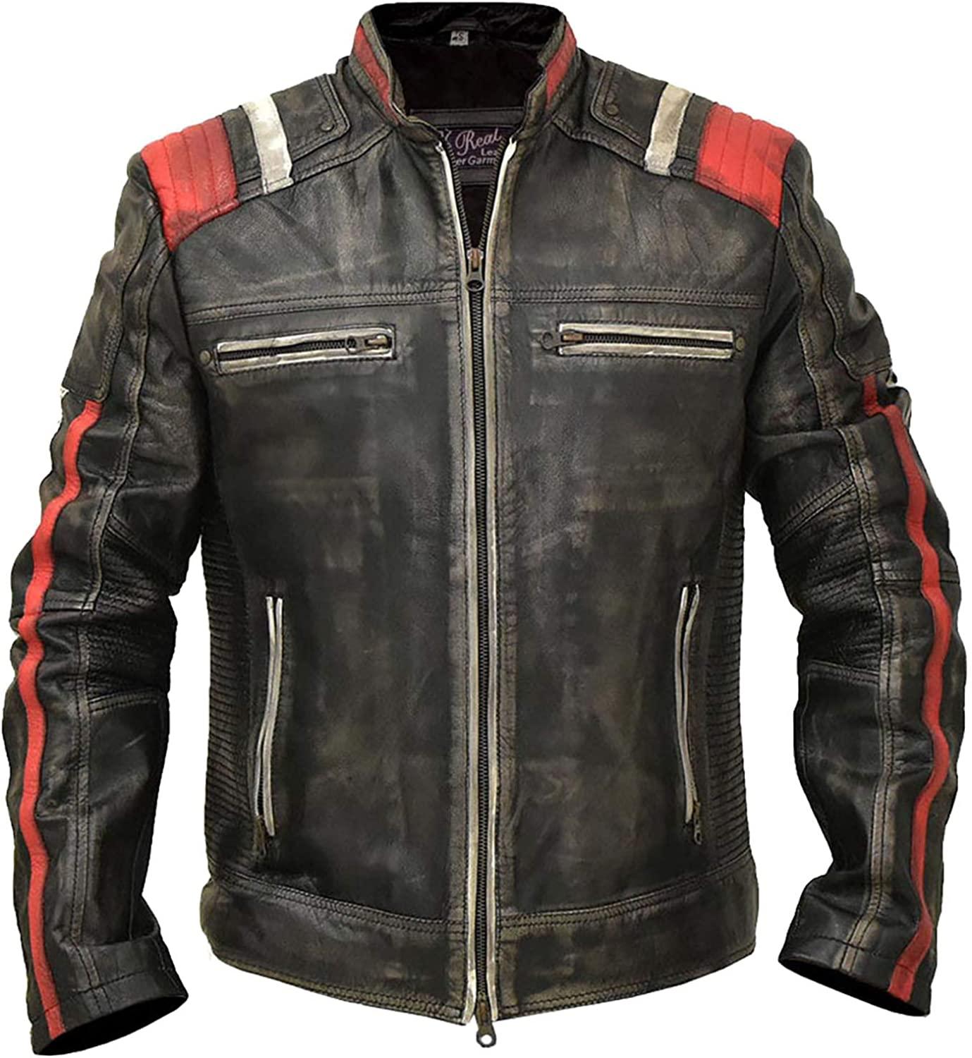 Men's Cafe Racer Retro 3 Motorcycle Lambskin Distressed Leather Jacket - MNCLeather