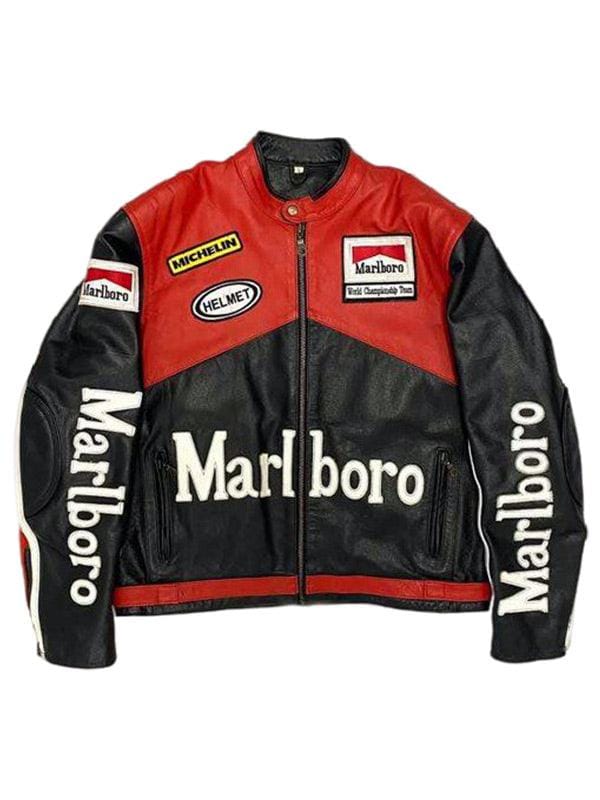 Men's Formula F1 Championship Raceway Marlboro Black and Red Real Leather Jacket - MNCLeather