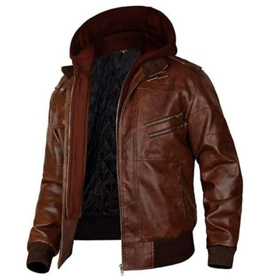 Tan Brown Hooded Bomber Jacket for Men - Real Lambskin Bomber Jacket