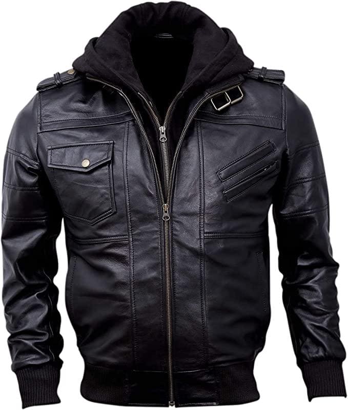 Casual Black Lambskin Bomber Leather Jacket with Removable Hood for Men - MNCLeather