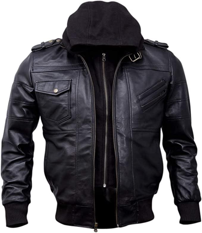 Casual Black Lambskin Bomber Leather Jacket with Removable Hood for Men - MNCLeather