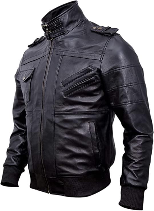 Casual Black Lambskin Bomber Leather Jacket with Removable Hood for Men - MNCLeather