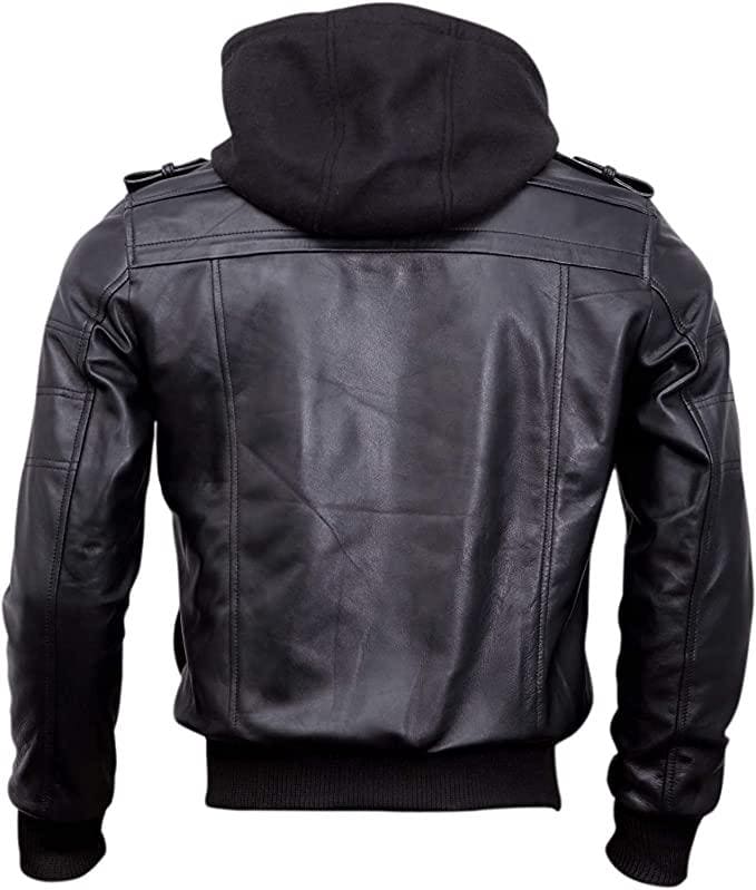 Casual Black Lambskin Bomber Leather Jacket with Removable Hood for Men - MNCLeather