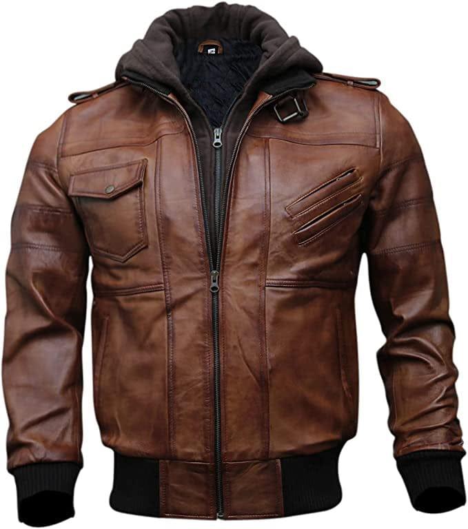 Tan Brown Hooded Aviator Bomber JAcket for Men with REmovable hood
