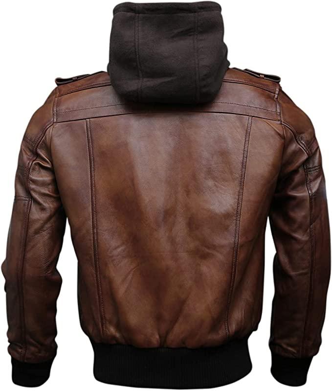 Casual Brown Bomber Leather Jacket with Removable Hood for Men - MNCLeather