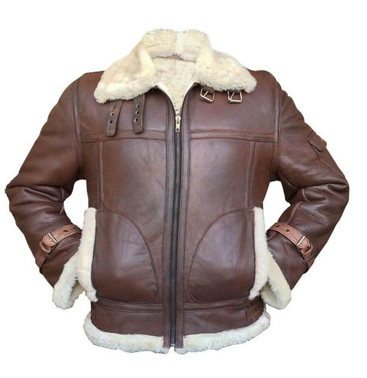 Men's Handmade Premium Quality RAF Aviator WWII Pilot Brown Thick Bomber Leather Jacket with Warm Real Sheep Shearling for Cold Season - MNCLeather