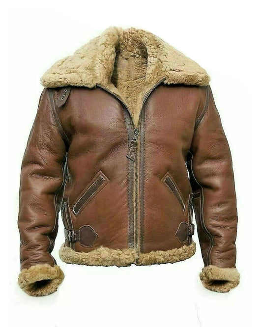 Military Tan Brown B6 Bomber RAF Aviator Leather Jacket With Real Shearling for Winters - MNCLeather