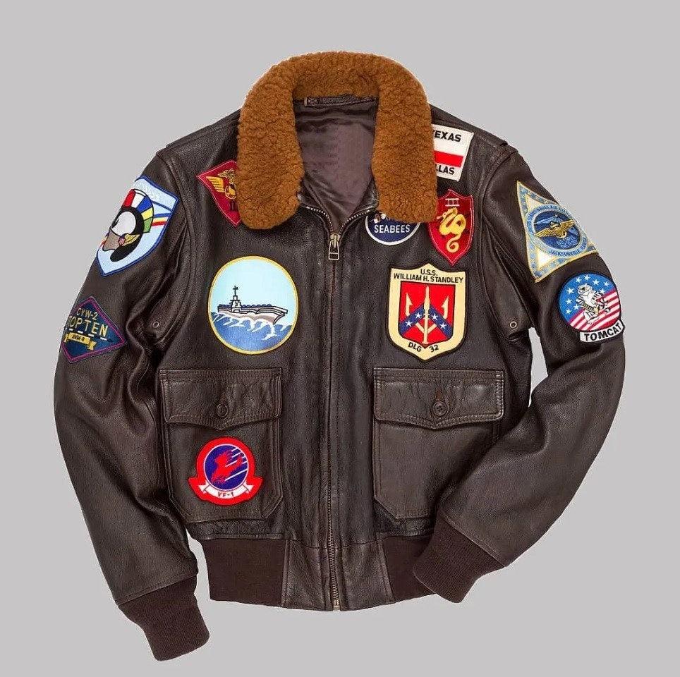Pete Maverick Tom Cruise Top Gun G1 Bomber Brown Leather Jacket for Men with Top Gun Patches - MNCLeather