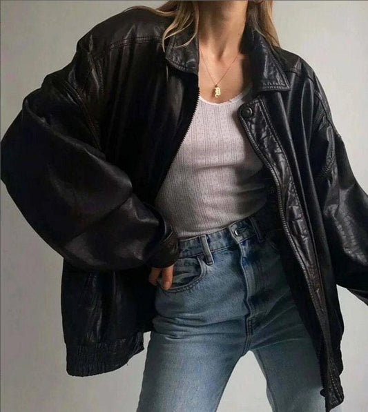 Women Oversize Real Lambskin Black Bomber Jacket - MNCLeather