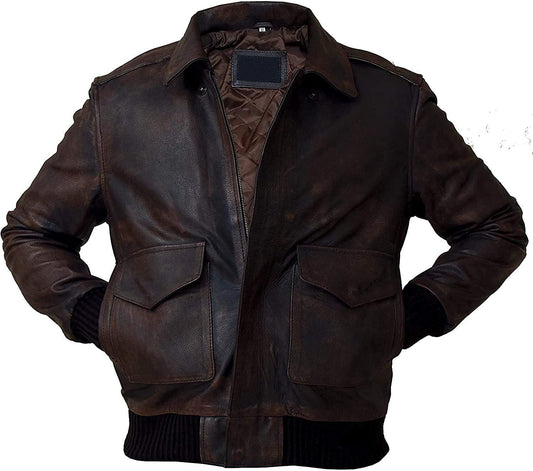 WWII Cockpit Pilot RAF Aviator A2 Indiana Distressed Brown Bomber Lambskin Genuine Leather Jacket for Men in Brown Cocoa Effects - MNCLeather